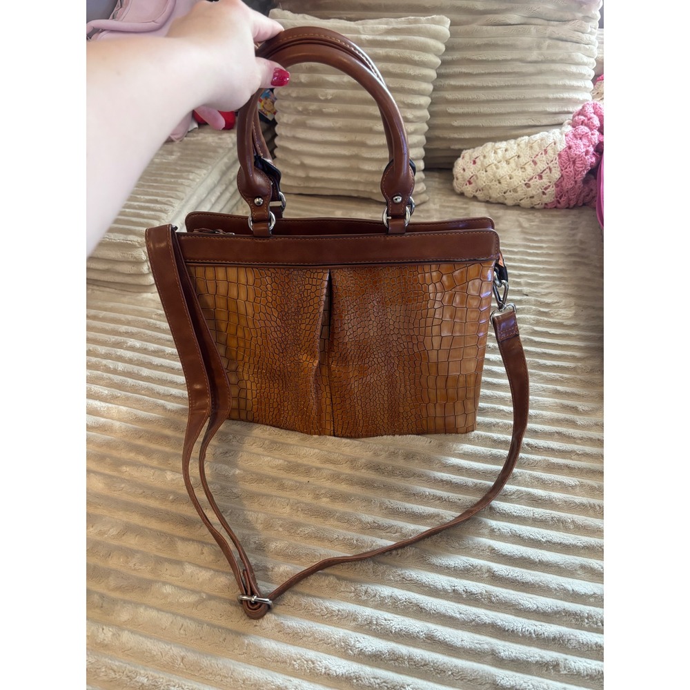 M.C. Crocodile Embossed Leather Satchel Handbag Shoulder Bag Brown
